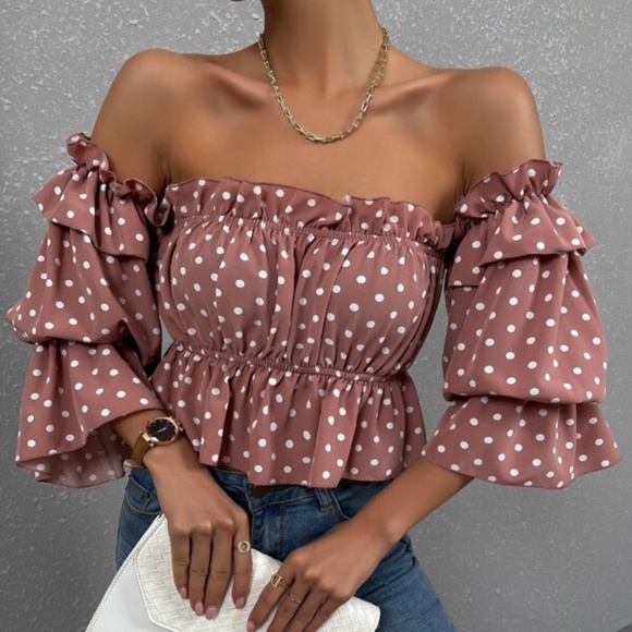 Bellanblue Tops - Dusty Pink Off Shoulder Polka Dot peplum Blouse